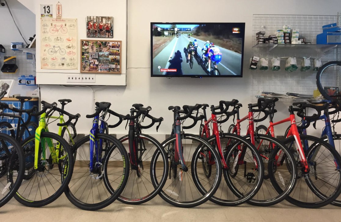 Bike shop service and repair area Fuji road, gravel, and cyclocross bikes.